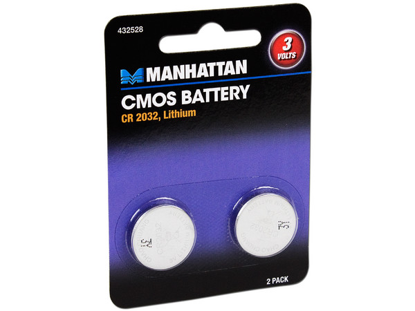 Manhattan Paquete de dos baterías 3V CMOS CR 2032. Ideal para tarjetas madre, computadoras, controles remoto y relojes.