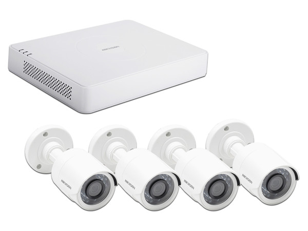 Kit de seguridad Hikvision con DVR DS-7108HGHI-F1 de 8 canales y 4 cámaras tipo bala DS-2CE16C0T-IRP, IR hasta 20 Metros. No incluye Disco Duro.