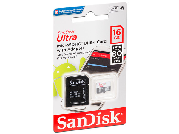 Memoria SanDisk Micro SDHC UHS-I U1 de 16 GB, clase 10, Incluye adaptador SD.